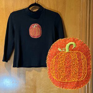 upcycled black and orange pumpkin mock turtleneck top